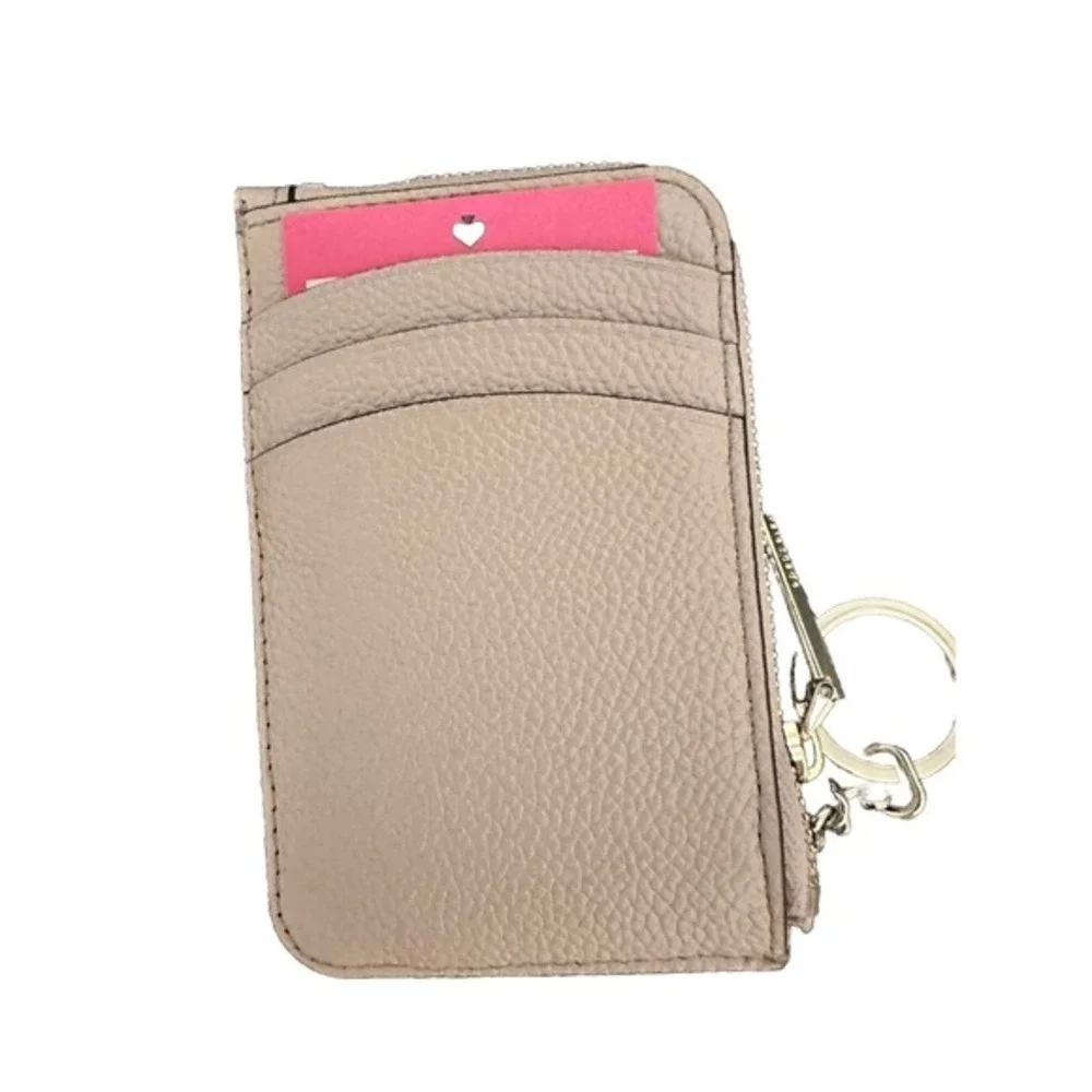 Kate Spade New York Pebbled Leather Zip Card Holder Key‎ Ring Taupe Mauve 11-11
